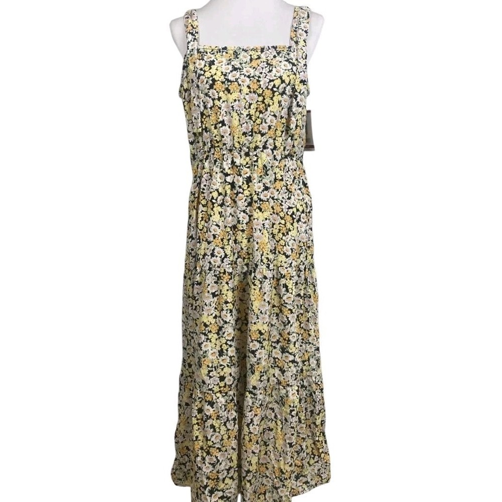 Social Standard yellow Women's 3 Tier‎ Smocked Tied Maxi Sundress Floral Size XL